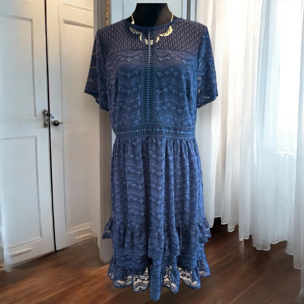 Lane Bryant Blue Lace Tiered Ruffle Fit‎ & Flare Dress Short Sleeve Size 12